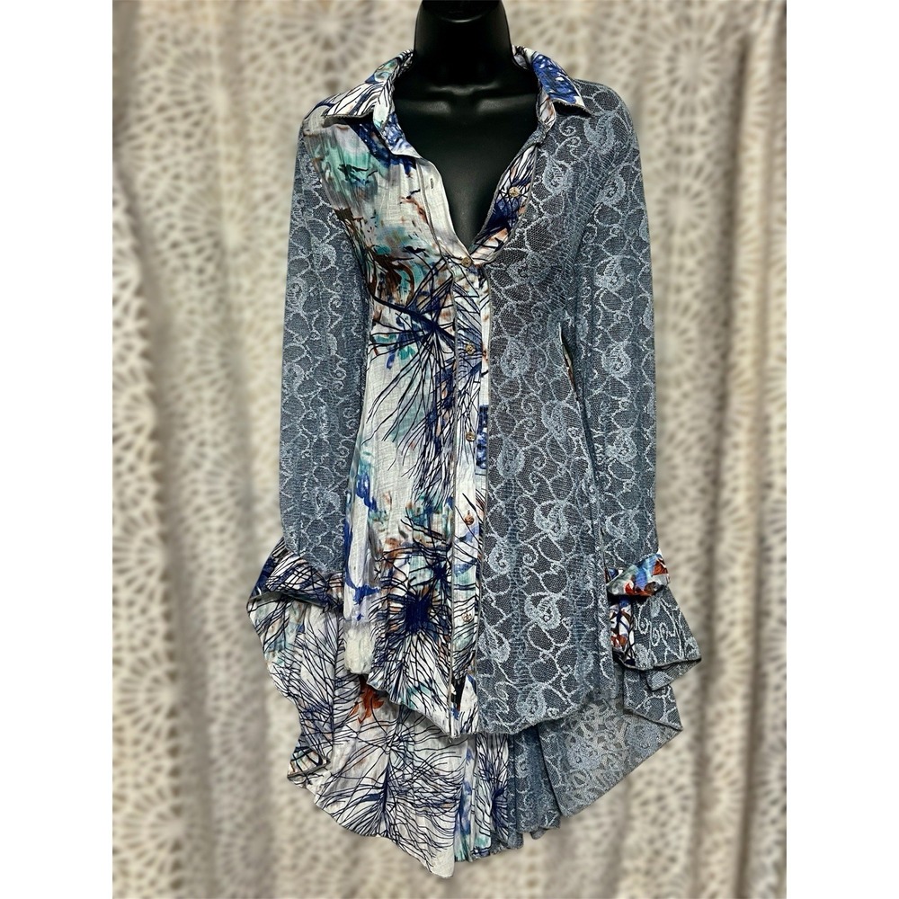 Boho Asymmetrical Lace Mixed Print Tunic Top Medium Artsy